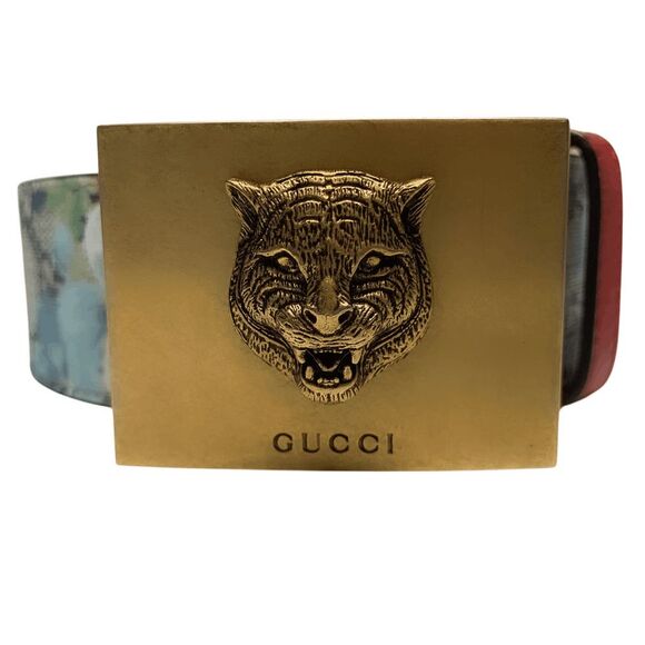 Gucci Supreme Double GG Canvas Blue Blooms Belt Brass Tiger Head Buckle Size 80 - Picture 8 of 9
